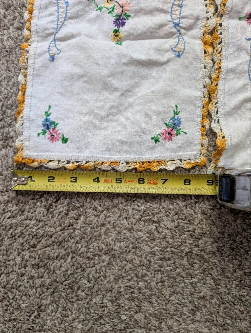 Embroidered Floral Bow Linen Napkin Set with Yellow Crochet Trim Hand‎ Made